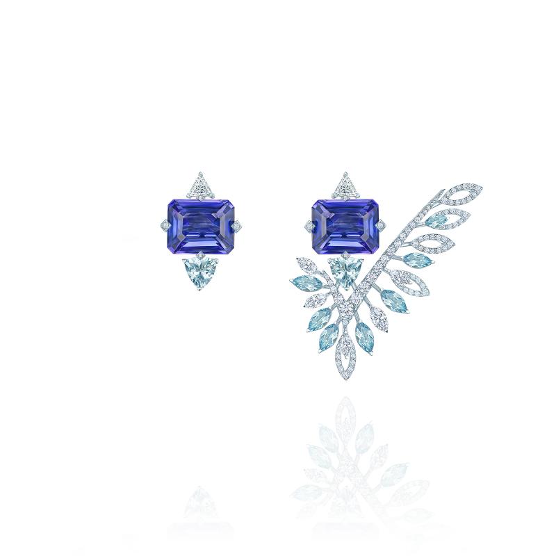 Серьги-пусеты с танзанитами, аквамаринами и бриллиантами